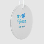 花嫁のミセスに名前を追加する日付ブルーハートwatercolo オーナメント (正面)