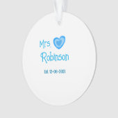 花嫁のミセスに名前を追加する日付ブルーハートwatercolo オーナメント (正面)