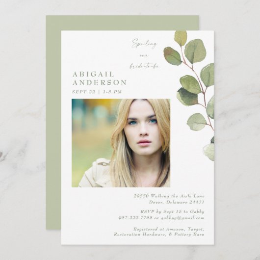 花嫁の写真セージ花嫁のシャワーを台無し 招待状 (正面/裏面)