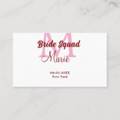 花嫁の友達チーム 名前 モノグラム ブライズメイド ピンク 日付 名刺 (裏面)