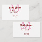 花嫁の友達チーム 名前 モノグラム ブライズメイド ピンク 日付 名刺 (正面/裏面)