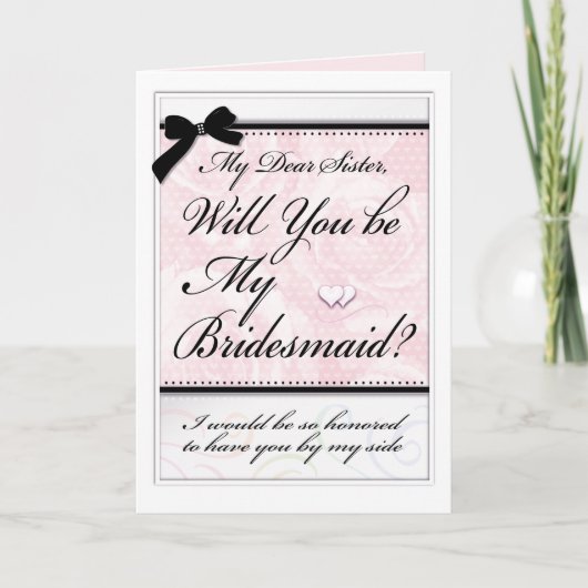 花嫁の妹の美しいピンクのバラとハート カード (正面)