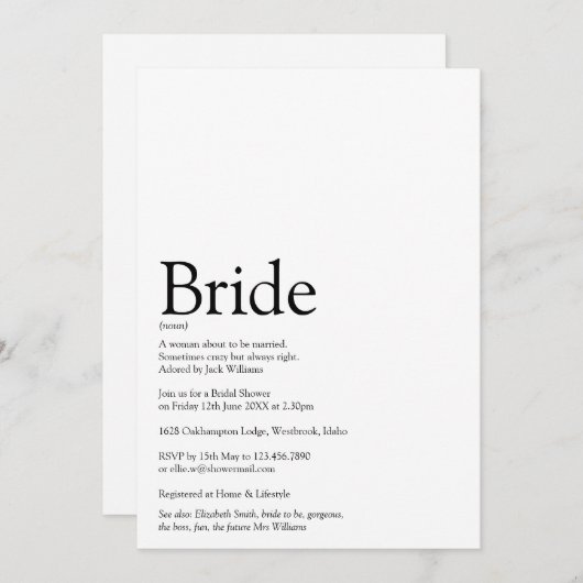 花嫁の定義白黒ブライダルシャワー 招待状 (正面/裏面)