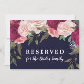 花嫁の家族向け ネイビーとバラ色の花のデザインの予約カード(編集可能) 招待状 (裏面)