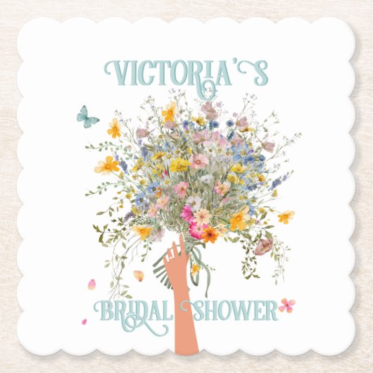 花嫁の巨大なワイルドフラワーのブーケ ブライズシャワー ペーパーコースター (正面)