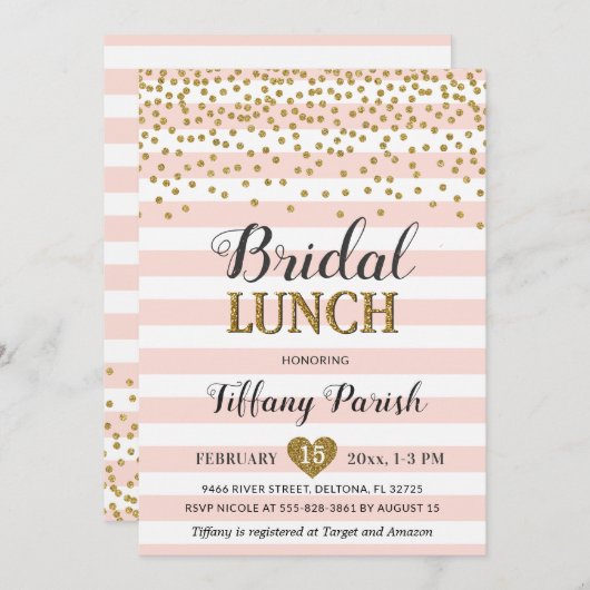 花嫁の昼食の招待状の赤面のピンクの金ゴールドは縞で飾ります 招待状 (正面/裏面)