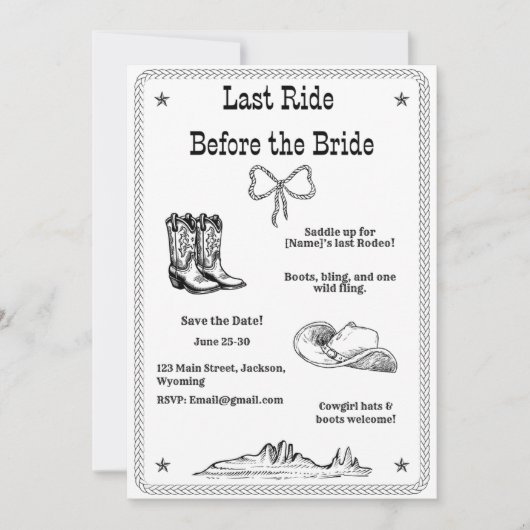 花嫁の最後の乗馬 ウエスタンスタイルのブライズメイドパーティー セーブザデート (正面)