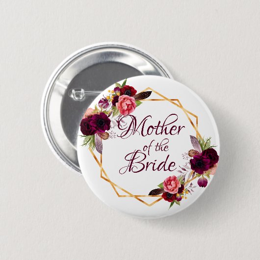 花嫁の母の水色の花模様ブルゴーニュ金ゴールド 缶バッジ (正面&裏面)