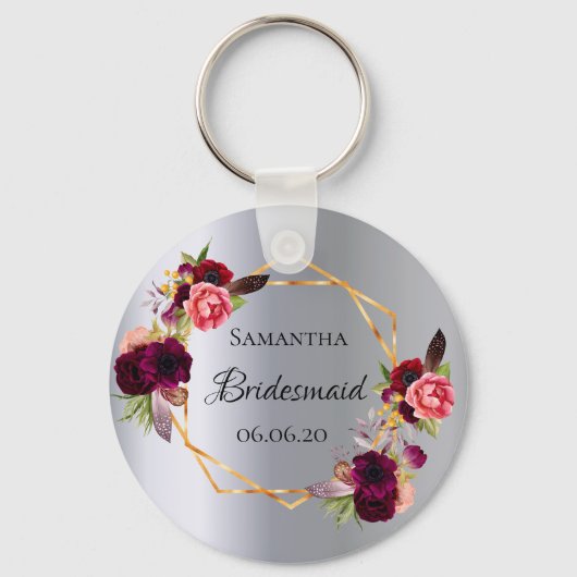 花嫁の水色の花模様バーガンディ銀 キーホルダー (正面)