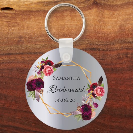 花嫁の水色の花模様バーガンディ銀 キーホルダー (裏面)