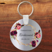 花嫁の水色の花模様バーガンディ銀 キーホルダー (正面)