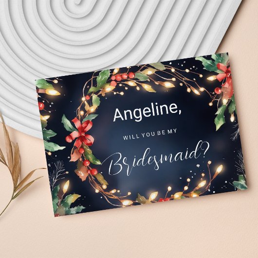 花嫁の花輪に赤い青い緑のクリスマスフラワー 招待状