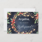 花嫁の花輪に赤い青い緑のクリスマスフラワー 招待状 (正面)