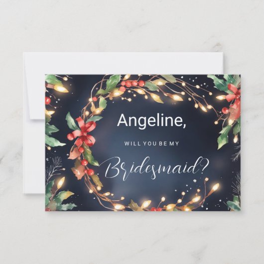 花嫁の花輪に赤い青い緑のクリスマスフラワー 招待状 (正面)