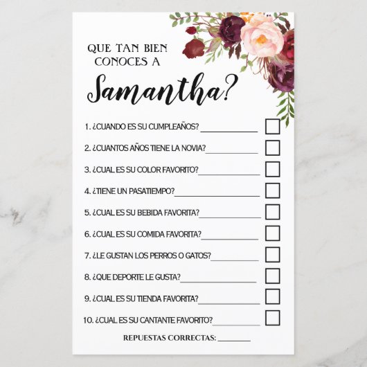 花嫁の英語のゲームをどれだけ知っていスペインのるか (裏面)