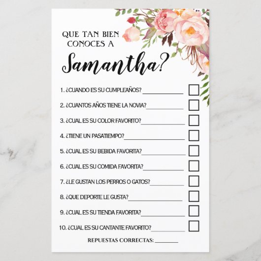 花嫁の英語のゲームをどれだけ知っていスペインのるか (裏面)