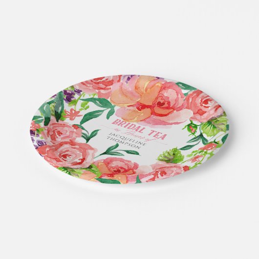 花嫁の茶モダンな花のショッキングピンクのモモの珊瑚は上がりました ペーパープレート (アングル)