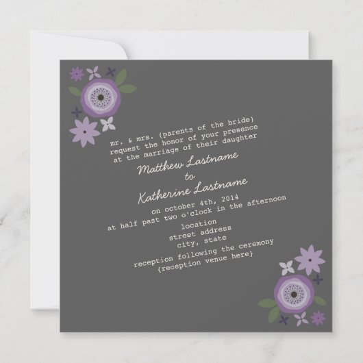 花嫁の親からの紫色の花のリースの結婚式 招待状 (裏面)
