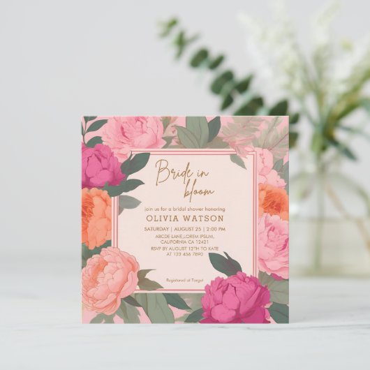 花嫁の開花ピンクと金ゴールドフローラブライダルシャワー 招待状 (スタンド正面)