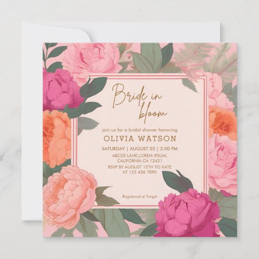 花嫁の開花ピンクと金ゴールドフローラブライダルシャワー 招待状 (正面)