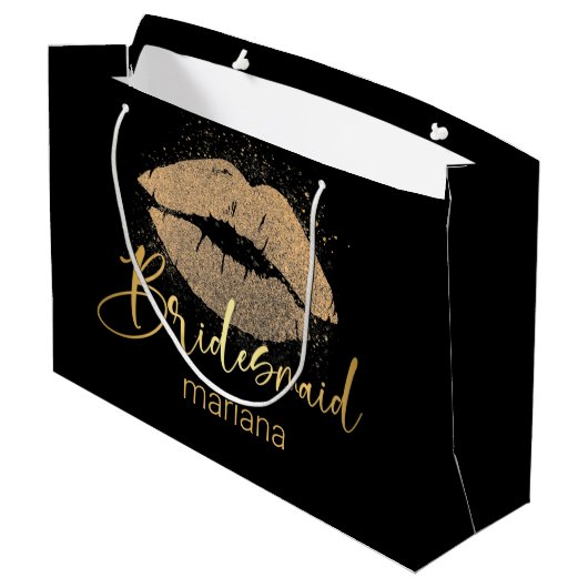 花嫁の黄金の唇パーソナライズされたブラック ラージペーパーバッグ (裏面アングル)