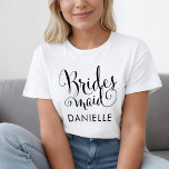 花嫁の黒いスクリプモダントのカスタムウェディング Tシャツ<br><div class="desc">お前スタイリッシュの横に立つ素晴らしい女性のためのシックな黒いスクリプトの花嫁メイドシャツ！</div>