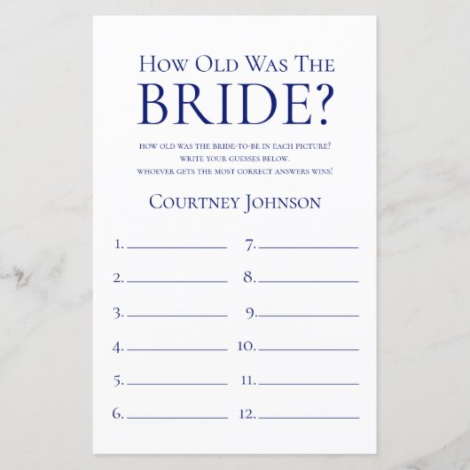 花嫁は何歳? ネイビーブルーの結婚前お祝いゲーム (正面)