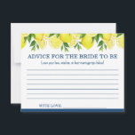 花嫁へのアドバイスカード　レモンシャワー アドバイスカード<br><div class="desc">このチャーミングなカードを使って、花嫁を愛と笑顔でいっぱいの心で結婚生活に送り出しましょう。ゲストは、思慮深い言葉、結婚の知恵、または優しい励ましを共有し、シャワーの後も長く大切にされる意味のある記念品を作ります。

フレッシュなレモンとネイビーのカラーパレットで、あなたのMain Squeezeのブライダルテーマにマッチするようにデザインされたこのカードは、清潔なオールキャップのタイトル、たくさんのスペースを書くためのスペース、そして個人的なタッチのための「愛を込めて」署名ラインを特徴としています。

ディスプレイ、ゲストブックテーブル、またはブライダルシャワーバンドルに最適なこのカードは、セレブレーションに感傷的な瞬間を加え、同時に花嫁のための思い出深い記念品としても機能します。</div>