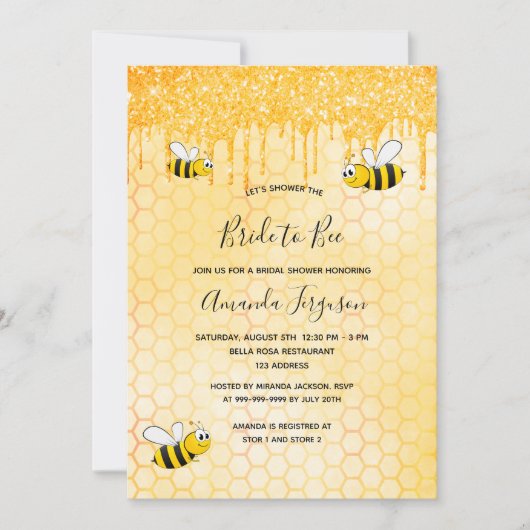 花嫁へビー金ゴールドグリッタードリップブライダルシャワー 招待状 (正面)