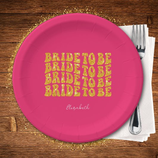 花嫁へ金ゴールドグリッター文字名,ピンク ペーパープレート
