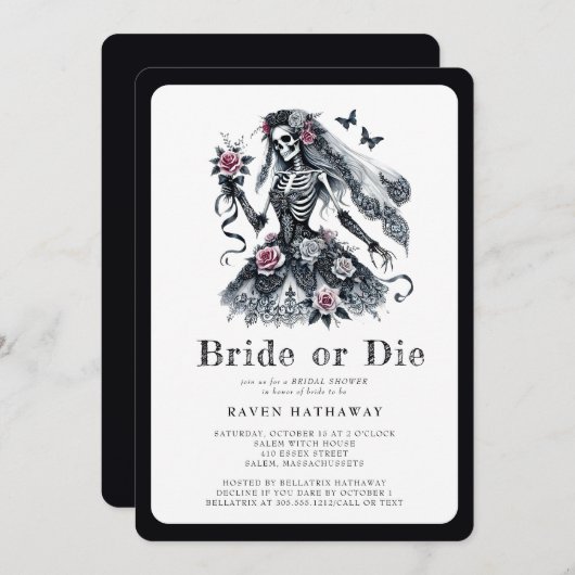 花嫁またはダイゴシックフローラスケルトンブライダルシャワー 招待状 (正面/裏面)