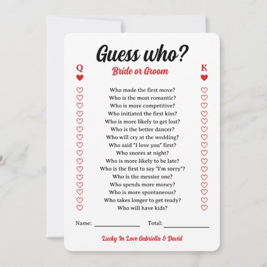 花嫁または花婿のカップルのシャワーゲームを推測 カード (正面)