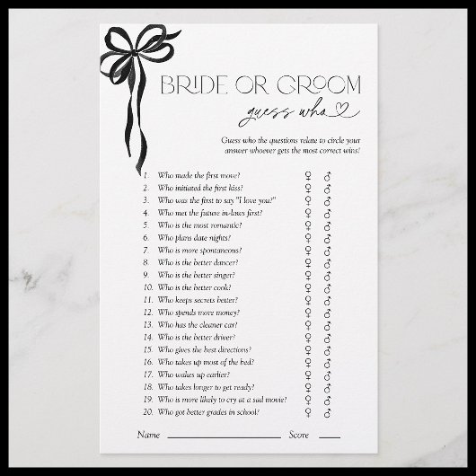 花嫁または花婿は誰が黒い弓シャワーゲームを推測