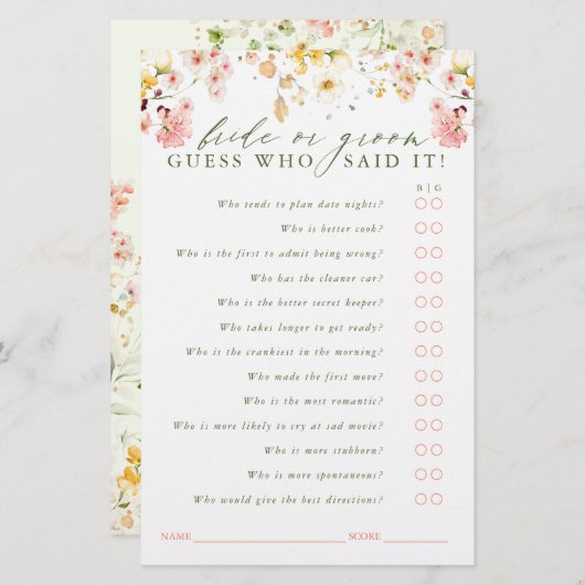 花嫁または花婿を推測 – ワイルドフラワーゲームカード (正面/裏面)