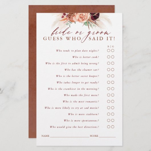 花嫁または花婿を推測 – Pampas Grassゲームカード (正面/裏面)