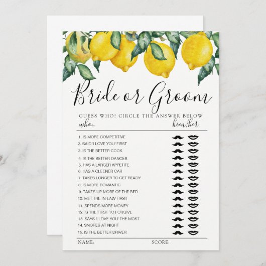 花嫁または花婿ゲーム完全レモン編集可能カード 招待状 (正面/裏面)