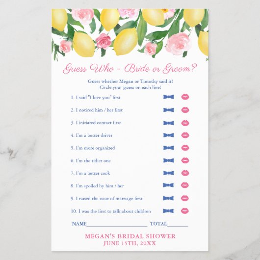 花嫁または花婿シャワーゲームのピンクのレモン推測 チラシ (正面)