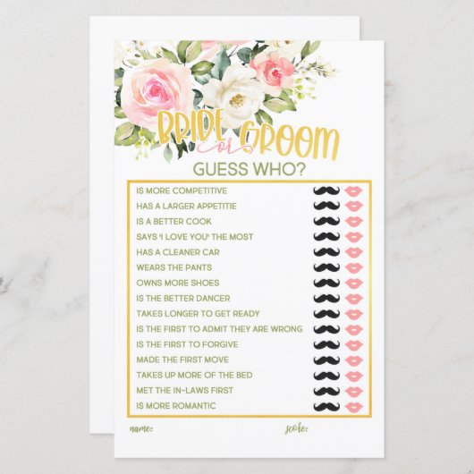 花嫁または花婿 – 誰を推測 – ピンクのフローラと金ゴールド (正面/裏面)