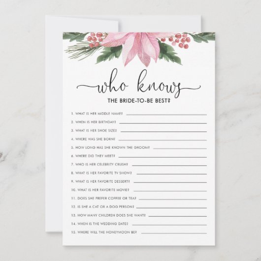 花嫁を知っているピンクポインセチアブライダルシャワーゲーム 招待状 (正面)