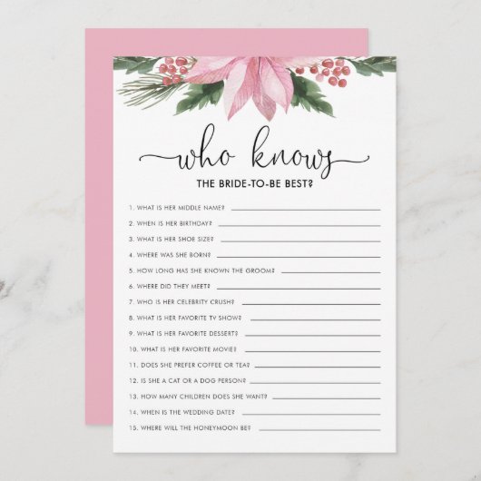 花嫁を知っているピンクポインセチアブライダルシャワーゲーム 招待状 (正面/裏面)
