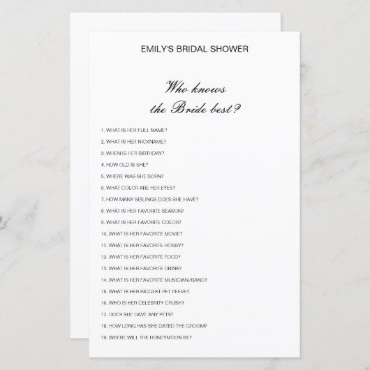花嫁を知っている編集可能な最高のブライダルシャワーゲーム (正面/裏面)