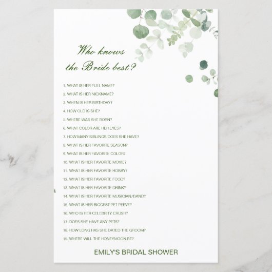 花嫁を知っている編集可能な最高のブライダルシャワーゲーム (正面)