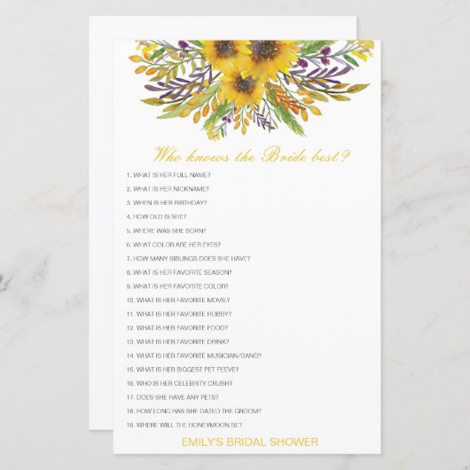 花嫁を知っている編集可能な最高のブライダルシャワーゲーム (正面/裏面)