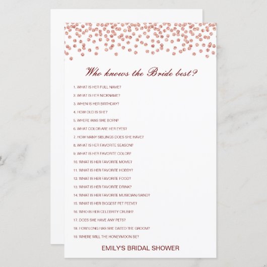 花嫁を知っている編集可能な最高のブライダルシャワーゲーム (正面/裏面)