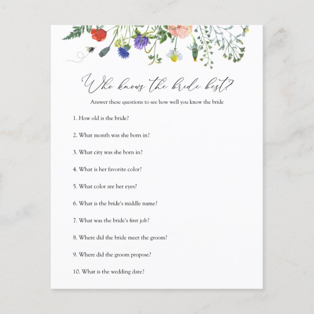 花嫁を知るワイルドフラワービーブライダルシャワーゲーム (正面)