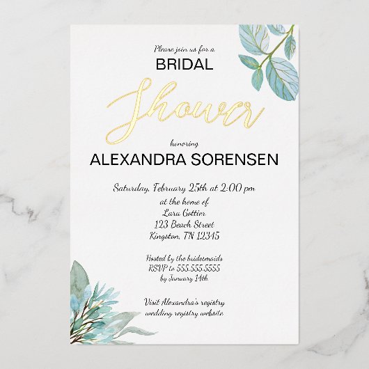 花嫁エレガントセージと金ゴールドシャワーフォイル招待状 箔招待状 (正面)