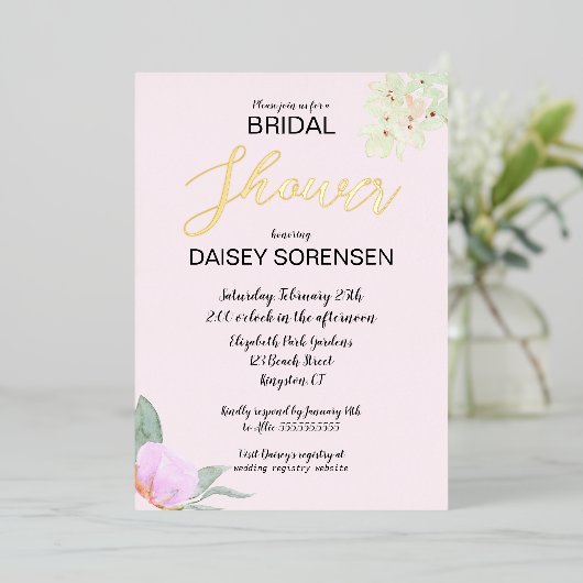 花嫁エレガントピンクと金ゴールドシャワーフォイル招待状 箔招待状 (立ち正面)