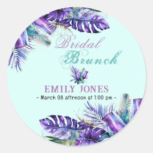 花嫁エレガント付き熱帯の紫色の花のブランチ ラウンドシール (正面)