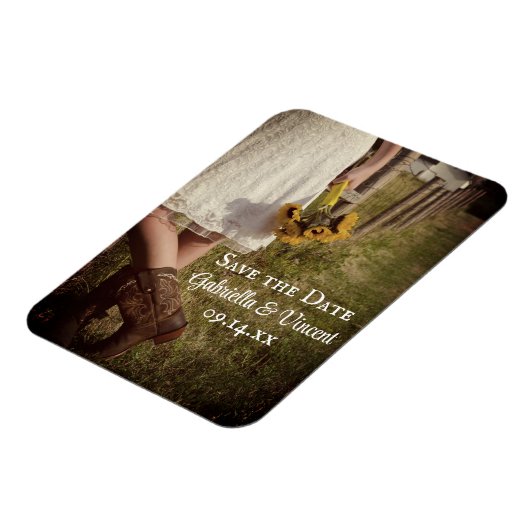 花嫁カウボーイブーツひまわり結婚式の日付を保存 マグネット (左側)