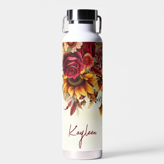 花嫁ギフトバーガンディバラひまわりカスタム花 ウォーターボトル (正面)